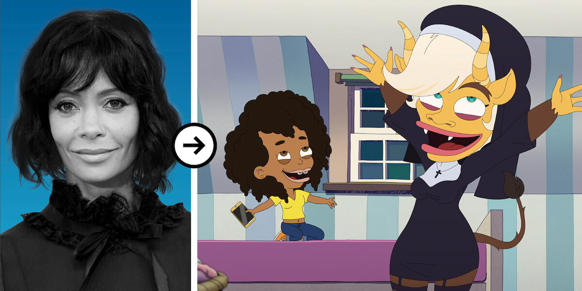Thandiwe Newton and Mona the Hormone Monstress, in a sexy nun costume