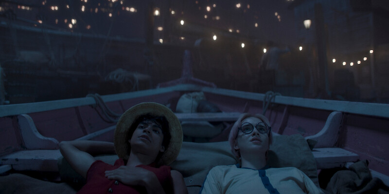 (L to R) Iñaki Godoy as Monkey D. Luffy, Morgan Davies as Koby