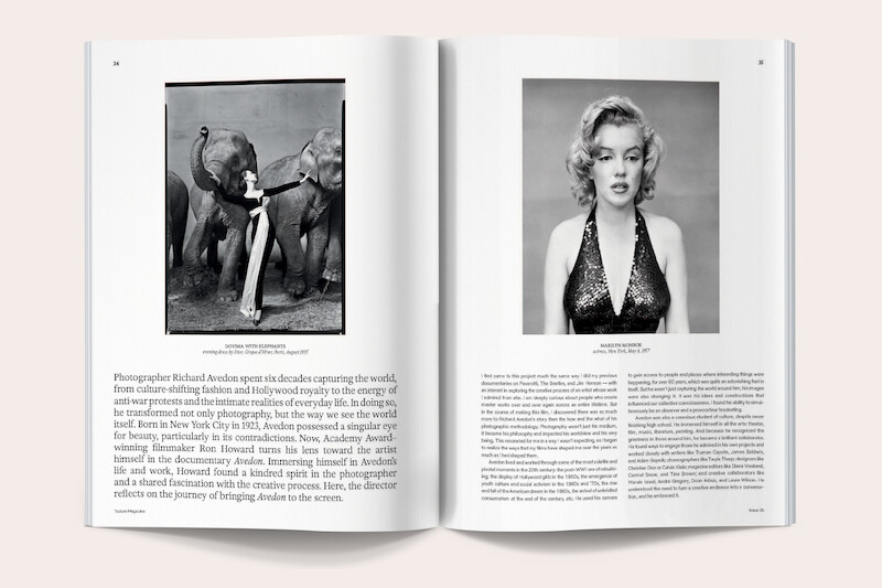 Magazine spread featuring a black-and-white photo of a woman with elephants in a circus setting on the left page and a black-and-white portrait of a woman in a sequined dress on the right, with descriptive text below each image.