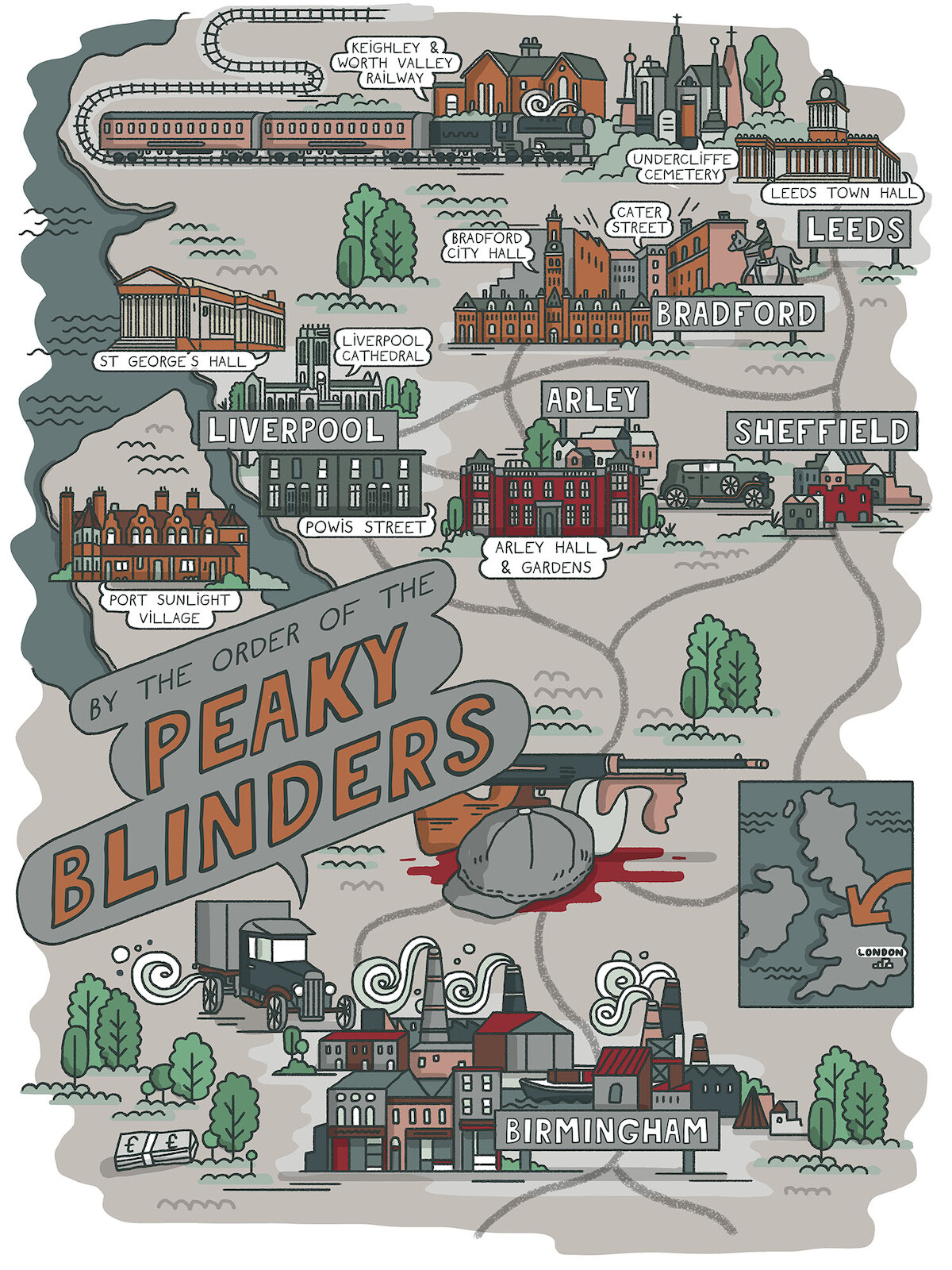 An illustrated map of the English set locations for 'Peaky Blinders'