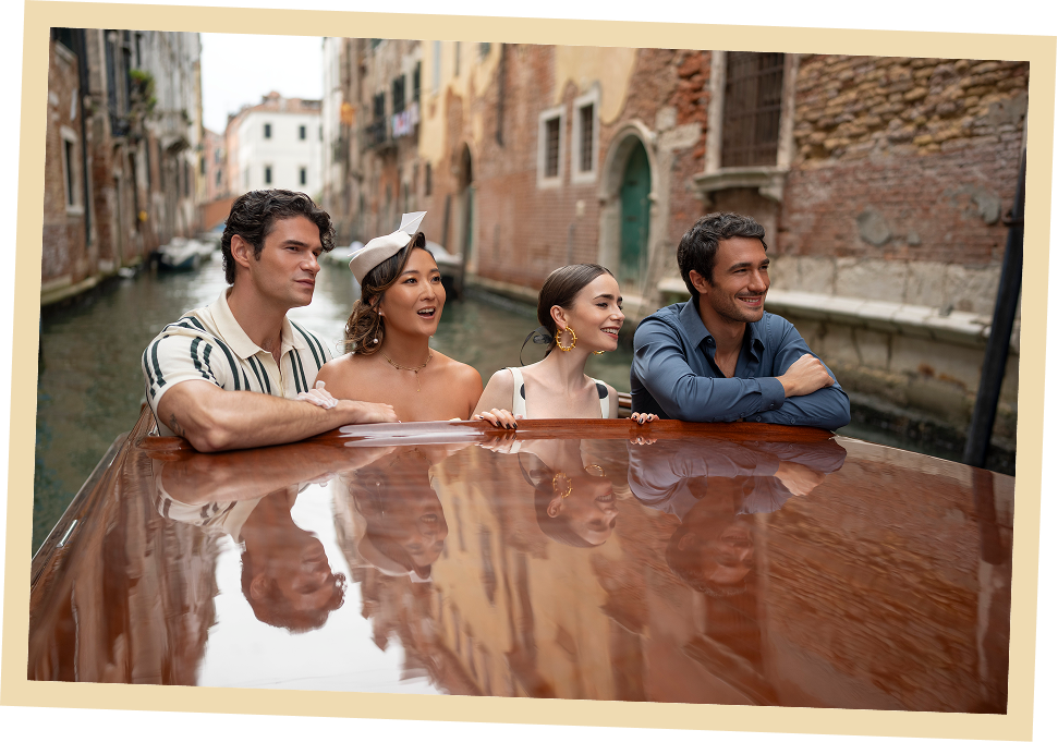 Paul Forman as Nicolas De Leon, Ashley Park as Mindy, Lily Collins as Emily and Eugenio Franceschini as Marcello in ‘Emily in Paris’ Season 5.