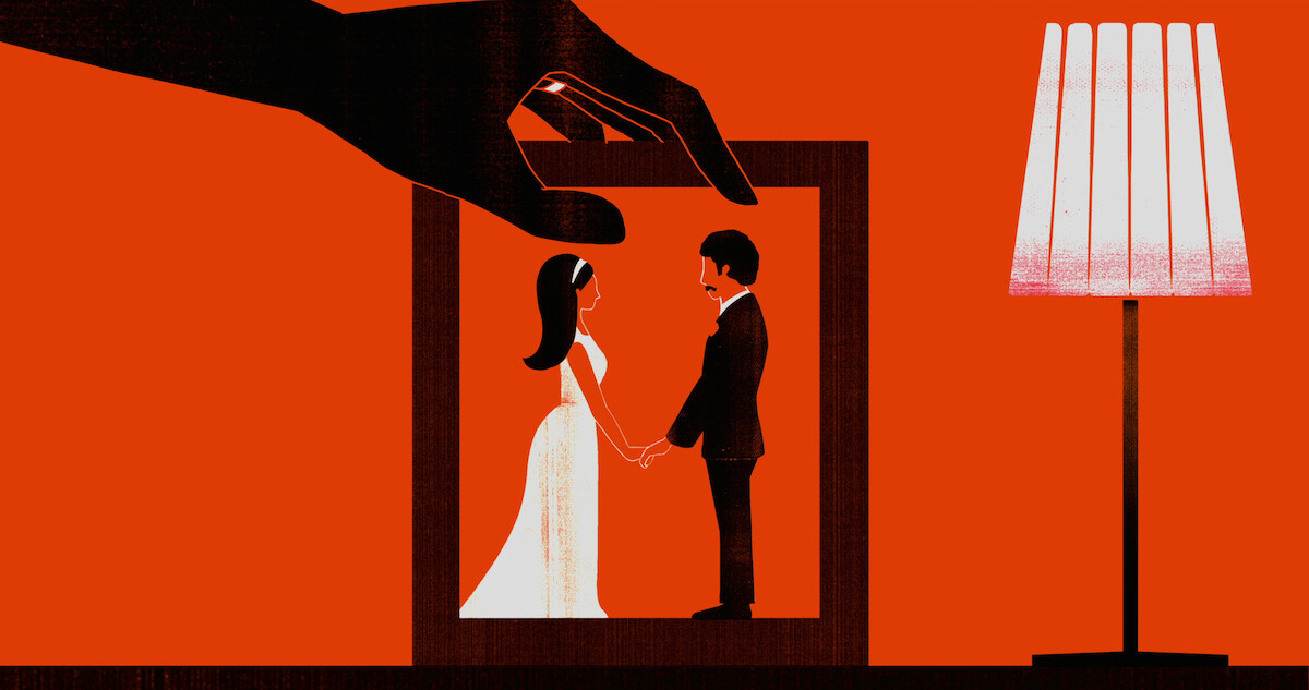 A graphic of a couple getting married with a hand over them.