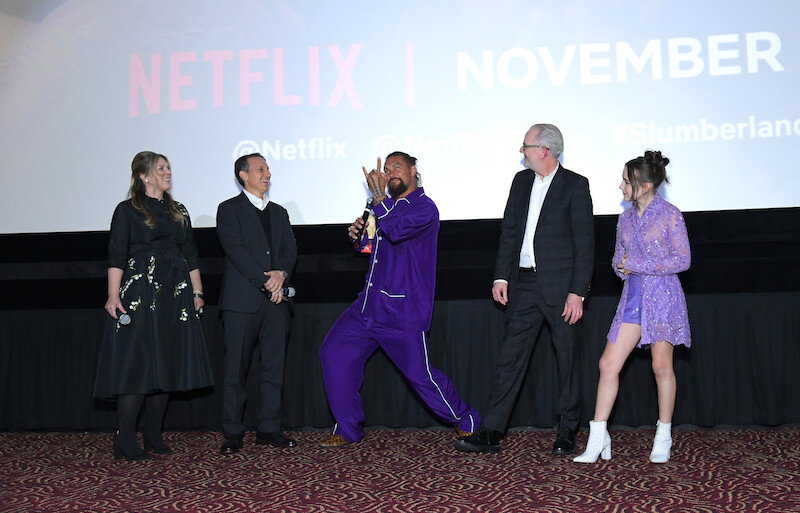Momoa shows off his best Flip moves ahead of the screening.