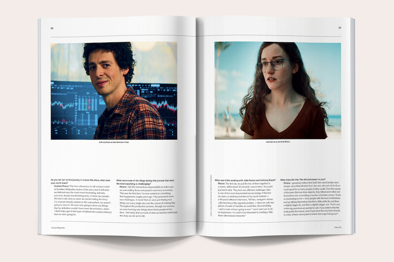 Magazine spread showing a man in a plaid shirt with stock charts behind him and a woman with glasses outdoors, both featured in interview articles with text below their photos.