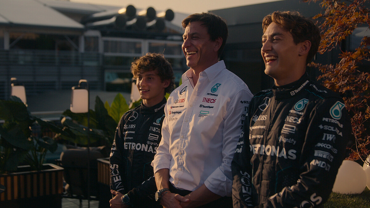 Kimi Antonelli, Toto Wolff, and George Russell.