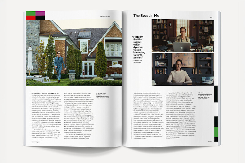 Magazine spread showing a man walking in front of a large house and two people working in home offices, with modern décor and bookshelves. The layout features text, quotes, and colorful accents in a clean, contemporary design.