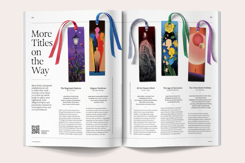 Magazine spread showing six illustrated bookmarks with colorful ribbons, each related to classic or popular books; the bookmarks are placed above text descriptions, all set against a clean, modern white background.