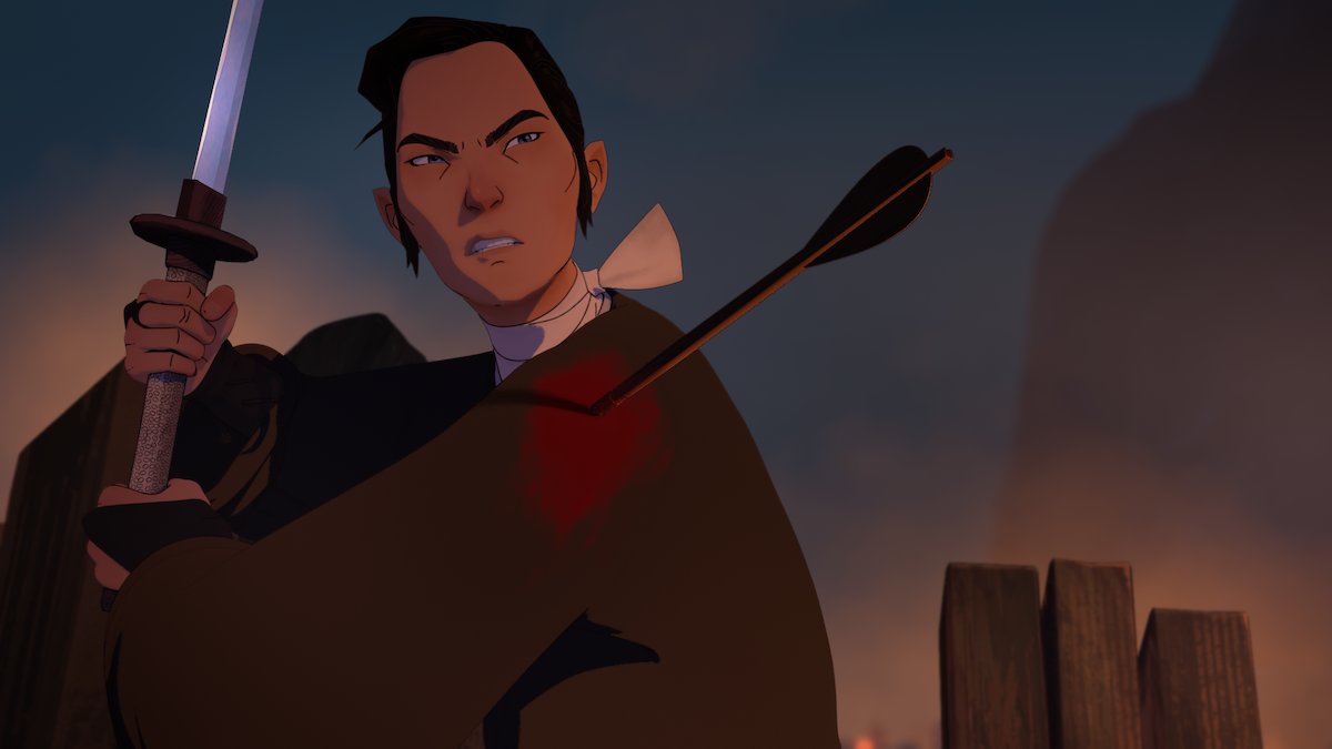 Mizu, voiced by Maya Erskine, holds a sword in ‘Blue Eye Samurai’ Season 2.