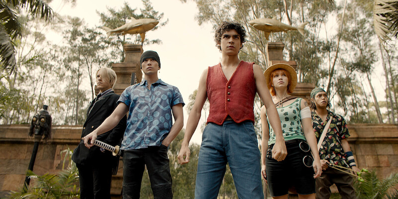 Taz Skylar as Sanji, Mackenyu Arata as Roronoa Zoro, Iñaki Godoy as Monkey D. Luffy, Emily Rudd as Nami, Jacob Romero Gibson as Usopp 