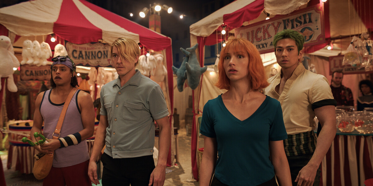 Jacob Romero as Usopp, Taz Skylar as Sanji, Emily Rudd as Nami, and Mackenyu as Roronoa Zoro in ‘ONE PIECE’ Season 2.