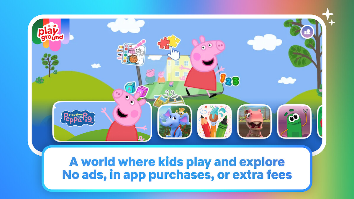 Peppa Pig and other cartoon characters in a colorful, playful digital environment with hills, trees, clouds, icons, and app thumbnails, promoting a kids’ interactive play and learning platform.