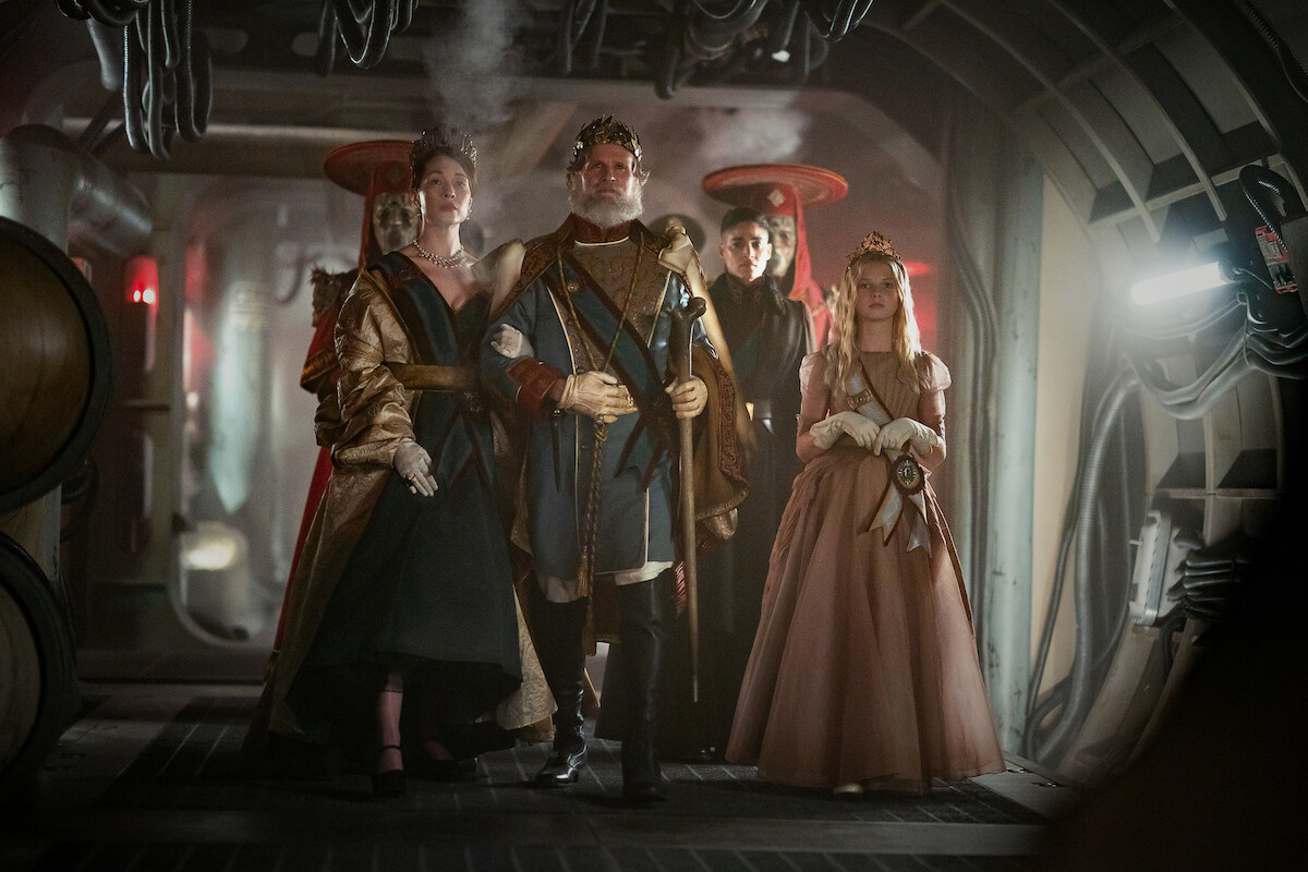 Rhian Rees as The Queen, Cary Elwes as The King, Sofia Boutella as Kora, and Stella Grace Fitzgerald as Princess Issa in ‘Rebel Moon — Part Two: The Scargiver’