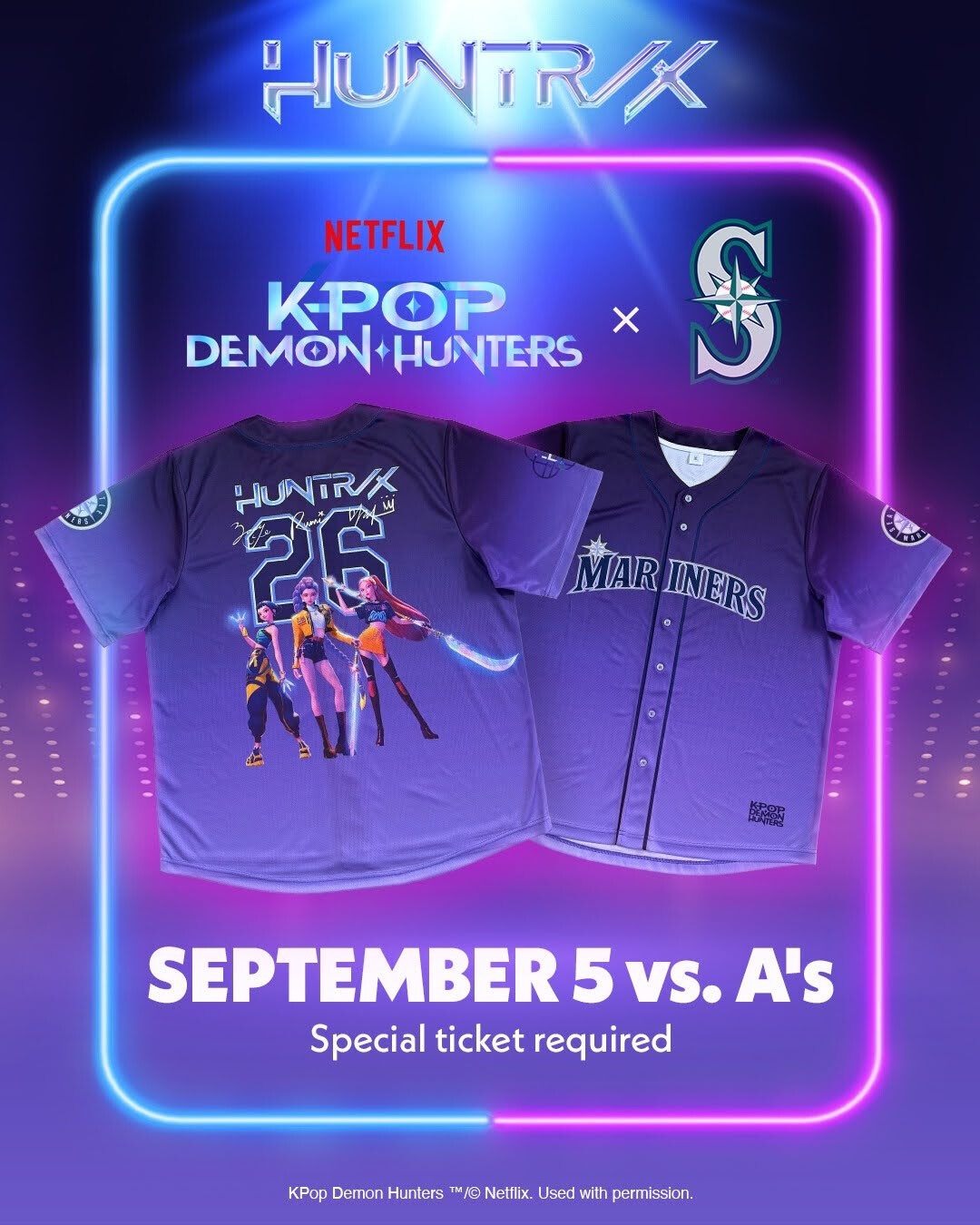 Purple Seattle Mariners jersey featuring K-Pop Demon Hunters characters, Netflix branding, and event details for a special ticket game vs. the A's on September 5. Neon lights and logos highlight a promotional baseball event collaboration.