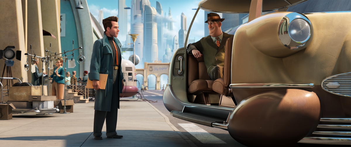 Ray Gunn stands on the street in the city of Metropia where a man sitting in a flying car with the door open is in conversation with our leading detective.
