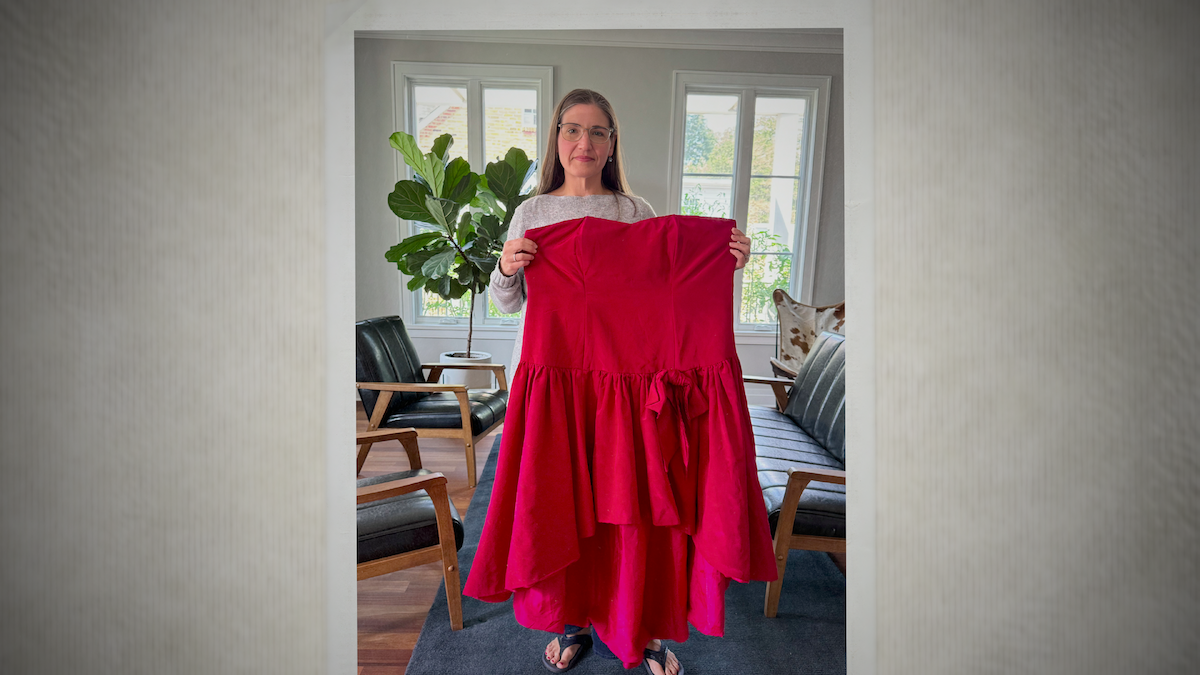 Jen Kerns holds up a red dress in an image from ‘Fit for TV: The Reality Behind the Biggest Loser’