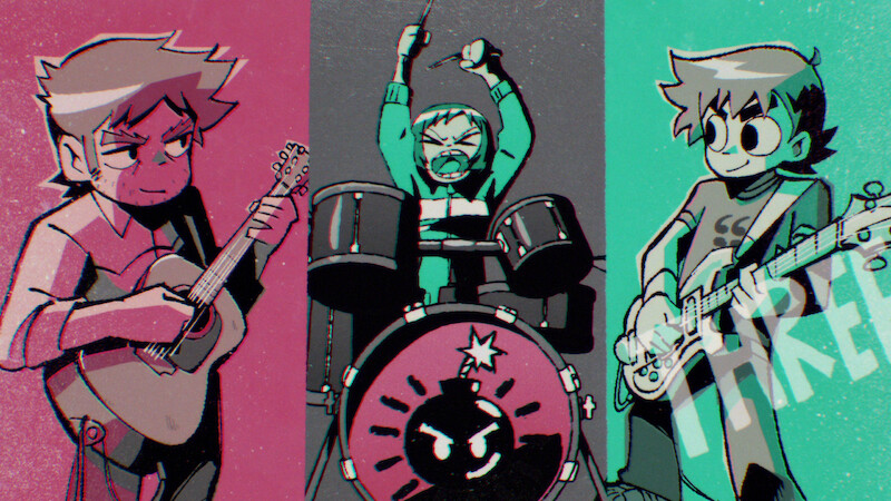 L to R) Mark Webber as Stephen Stills, Alison Pill as Kim Pine and Michael Cera as Scott Pilgrim in Scott Pilgrim Takes Off. 