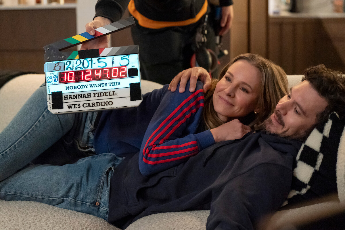 BTS photo of Kristen Bell as Joanne and Adam Brody as Noah in ‘Nobody Wants This’ Season 2.