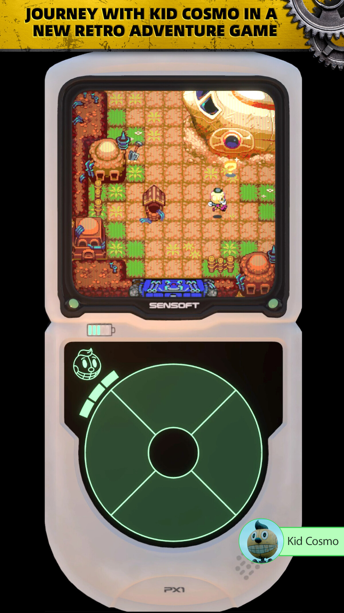 A retro-style handheld console displays "Kid Cosmo," an adventure game with pixel art. The screen shows a character exploring a village. A radar-like interface is below, with a "Kid Cosmo" dialogue bubble.