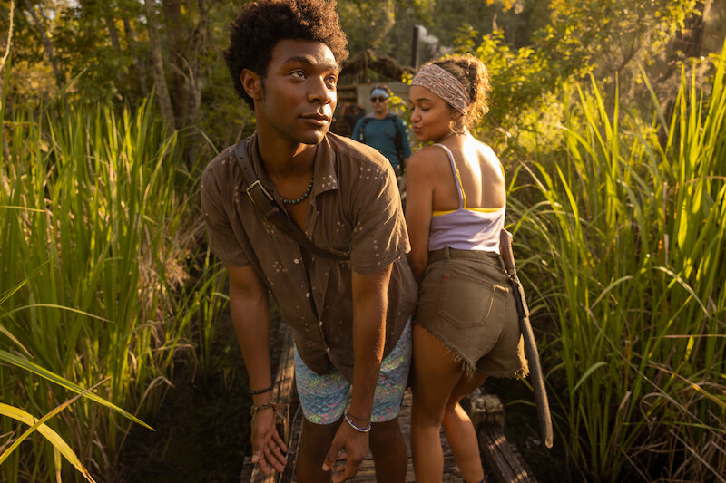 Jonathan Daviss as Pope and Madison Bailey as Kiara in Outer Banks Season 3 Behind-the-Scenes Photo Gallery