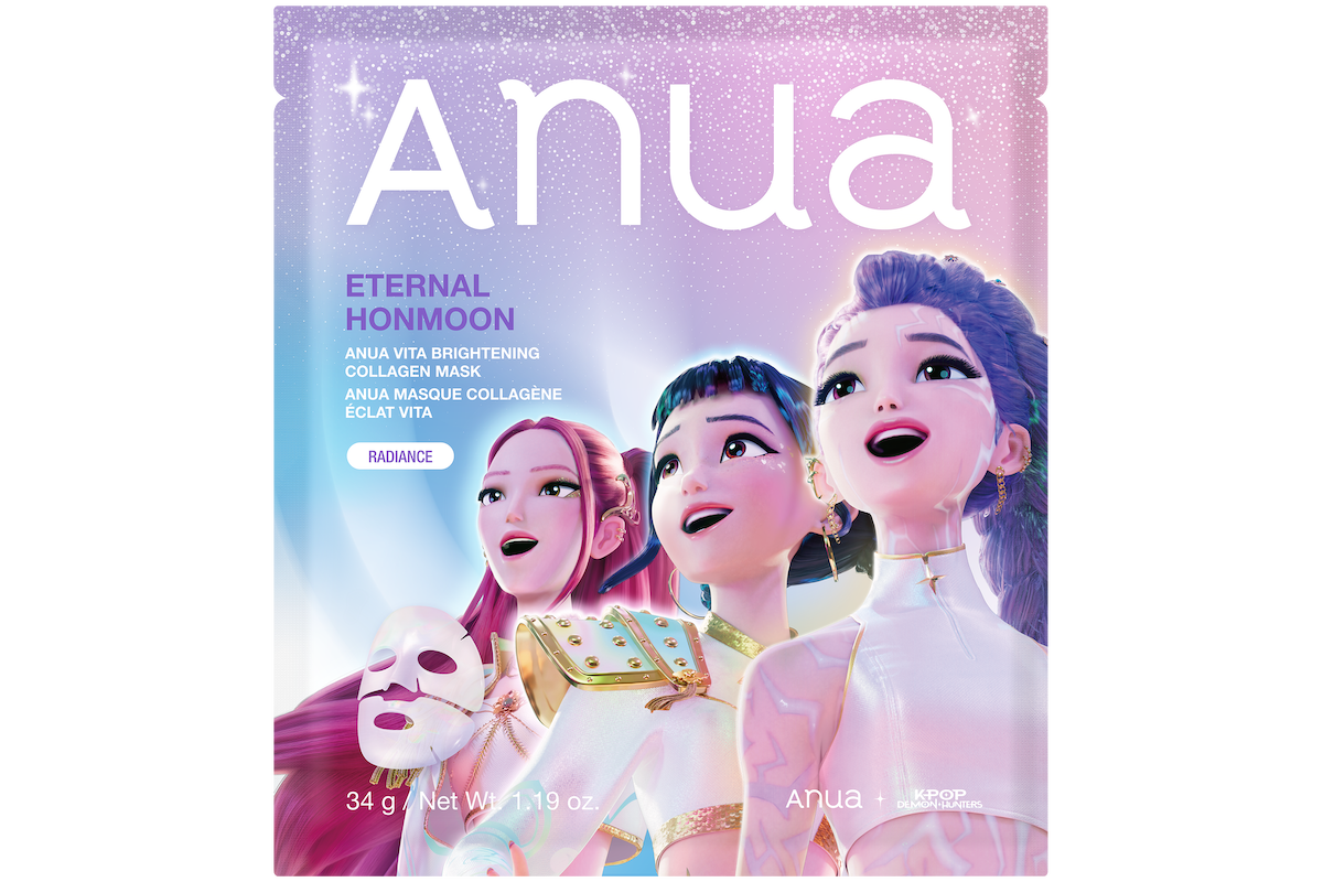 Four animated women in futuristic, colorful outfits gaze upward, surrounded by a sparkling, pastel galaxy background on packaging for Anua Eternal Honmoon Vita Brightening Collagen Mask, promoting radiance and skincare benefits.