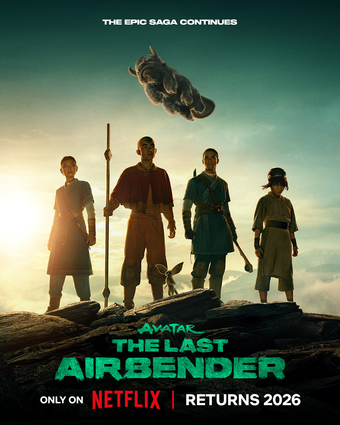 Key Art for ‘Avatar: The Last Airbender’ Season 2 featuring Kiawentiio Tarbell as Katara, Ian Ousley as Sokka, Gordan Cormier as Aang, and Miya Cech as Toph.