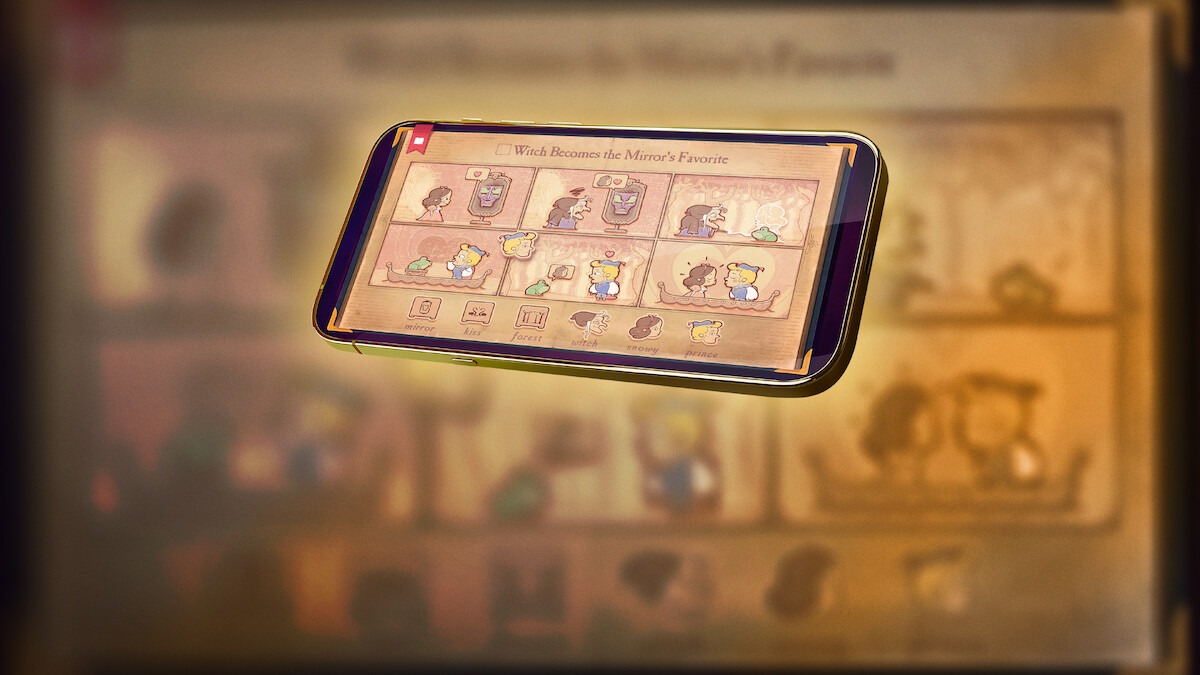 An in-game screenshot of the mobile game ‘Storyteller’, embedded within an iPhone screen.