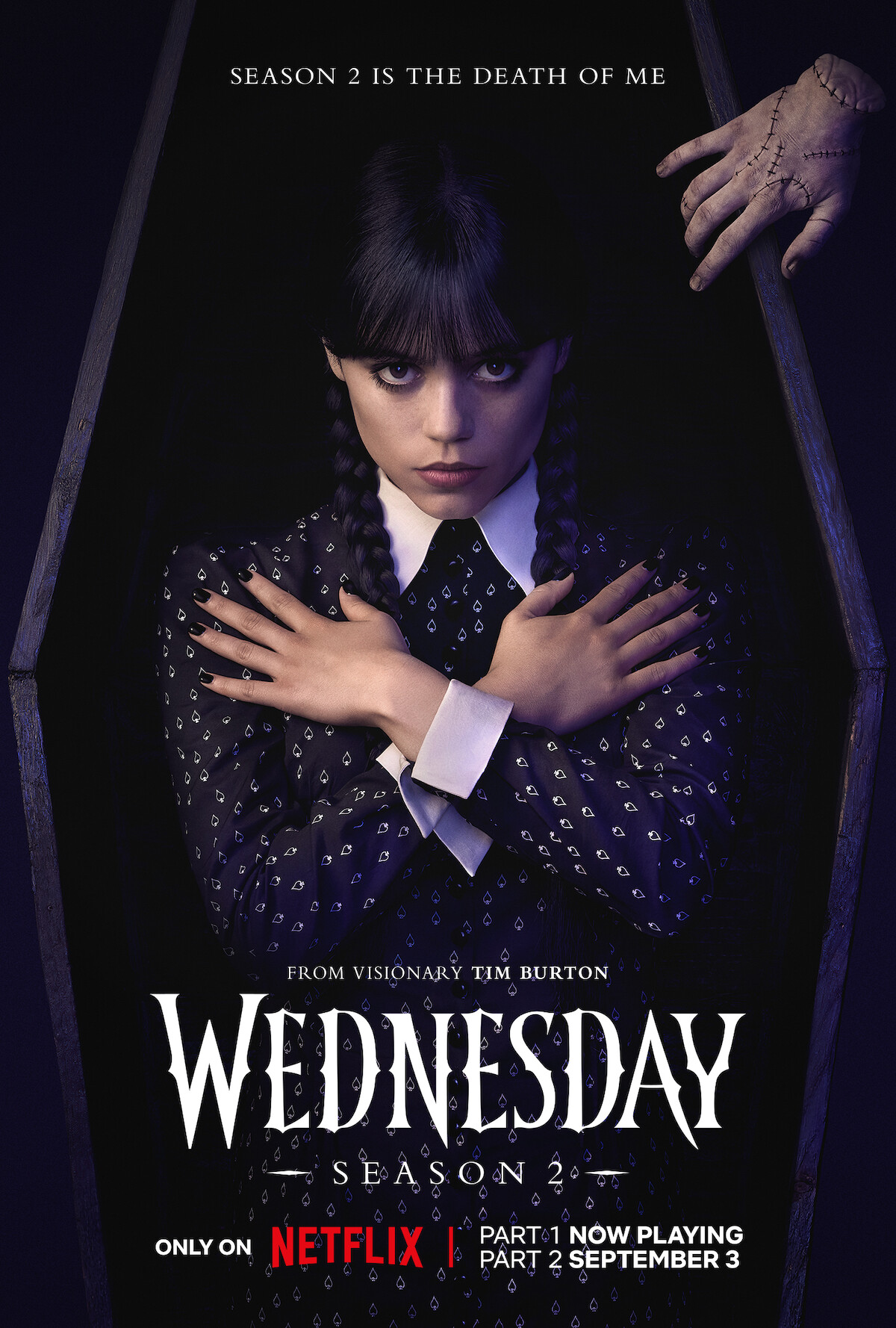 Key art for ‘Wednesday’ Season 2, Part 2 featuring Jenna Ortega as Wednesday Addams laying in a coffin.