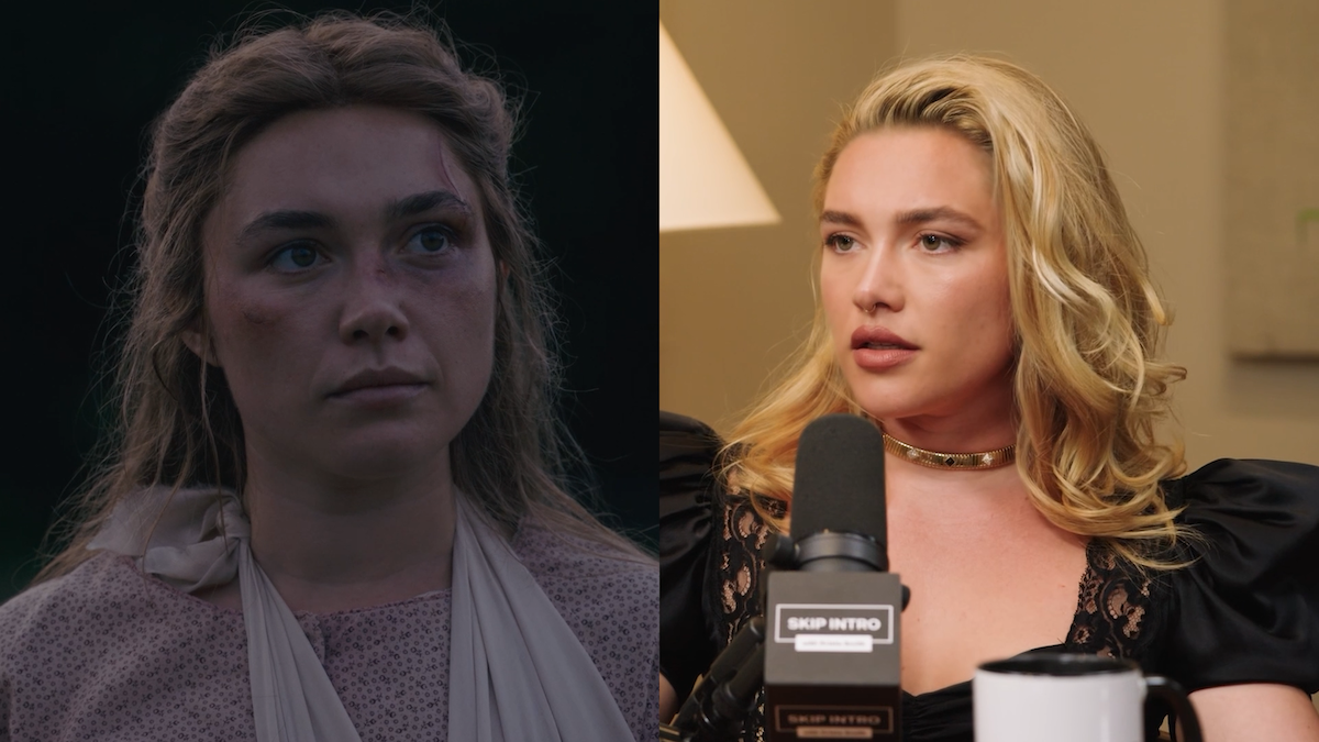 Split screen of Florence Pugh as Cathy Ames in and out of character in an interview on the Skip Intro podcast.