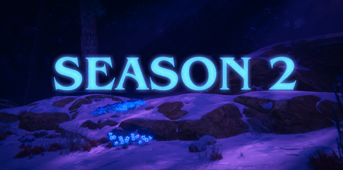 Large glowing text reading "Season 2" floats above a snowy, rocky landscape with patches of blue flowers, set in a dark, mystical forest environment at night.