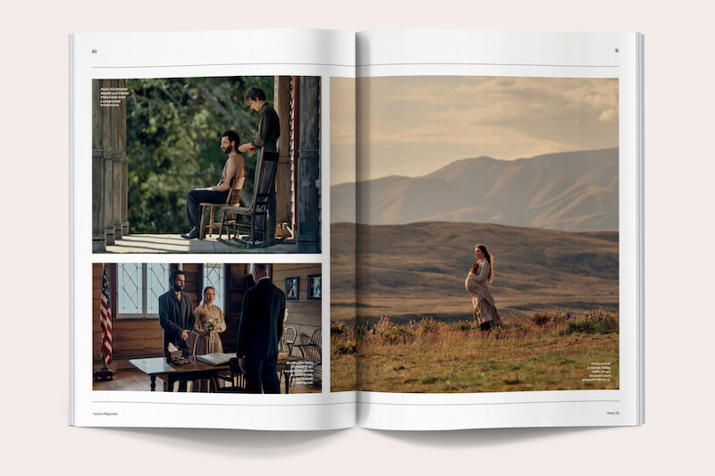 Magazine spread featuring three scenes: two indoor dramatic moments with seated and standing people in tense discussion, and one outdoor scene with a woman in a dress standing in a field with mountains in the background.