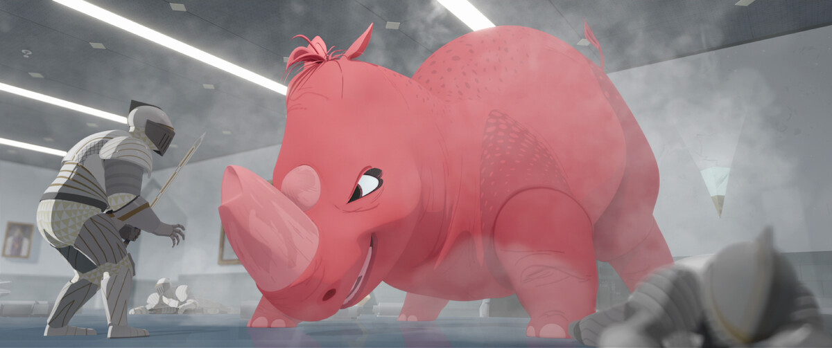 A knight faces off with a massive pink rhinoceros in a still from ‘Nimona.’