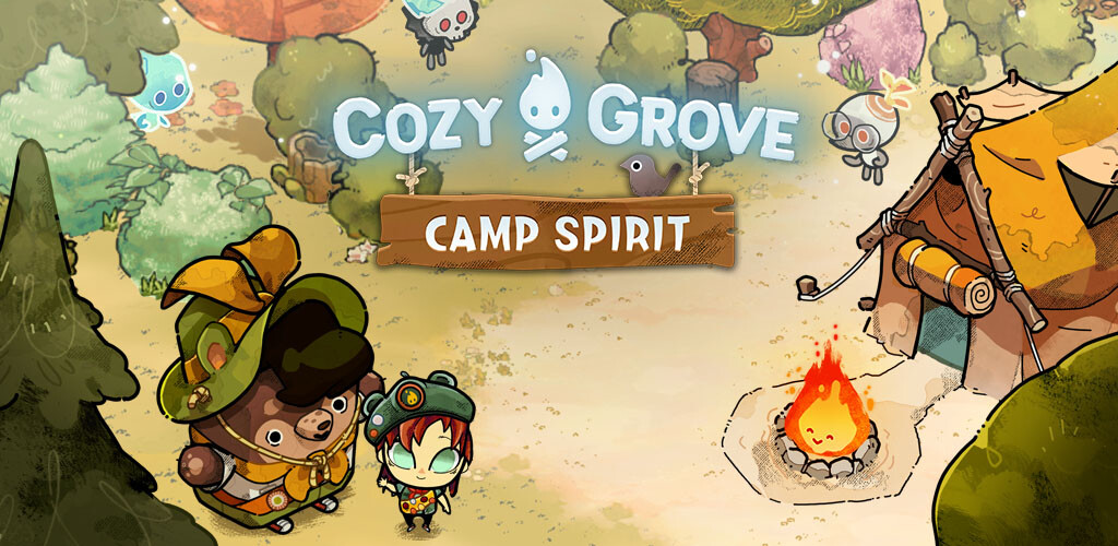 Cozy Grove Key art - two animated characters in the woods
