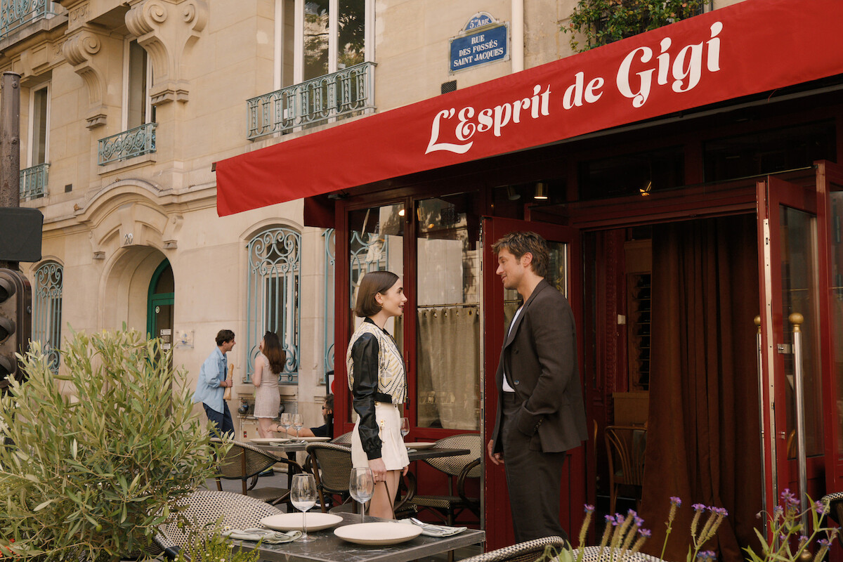 Lily Collins as Emily and Lucas Bravo as Gabriel in ‘Emily in Paris’ Season 5.