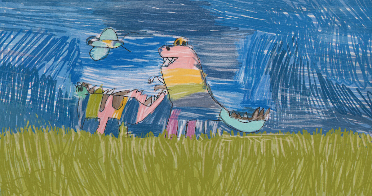 Desenho infantil retrata três personagens: um dragão, um cachorro e uma borboleta