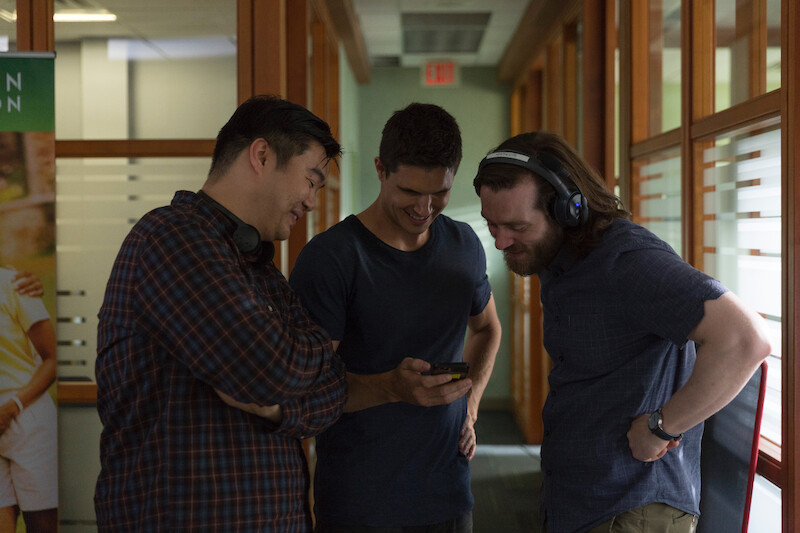 Behind the scenes shot of crew working with Robbie Amell as Connor Reed in 'Code 8'