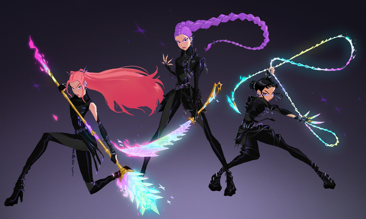 Mira, Rumi, and Zoey from 'KPop Demon Hunters' in black suits with brightly glowing weapons and colorful hair, posed dynamically against a dark gradient background, suggesting a fantasy or sci-fi setting.