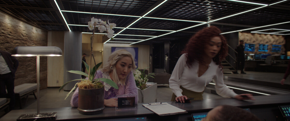 Liz delivers potted orchids to the offices at 505 Wall Street and places one on the SLS desk