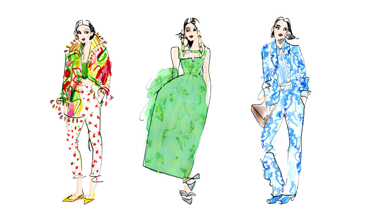Illustrations of Emily Cooper in various outfits she wore in Season 3 of Emily in Paris while discovering a new side of her European adventure, life in Rome.