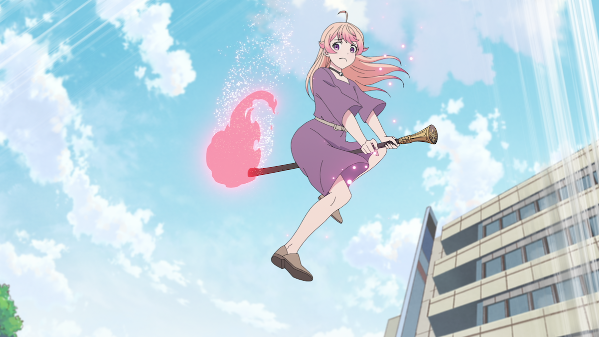 Anime girl in a purple dress flying on a broomstick with a magical red aura, set against a bright blue sky with clouds and part of a modern building in the background.
