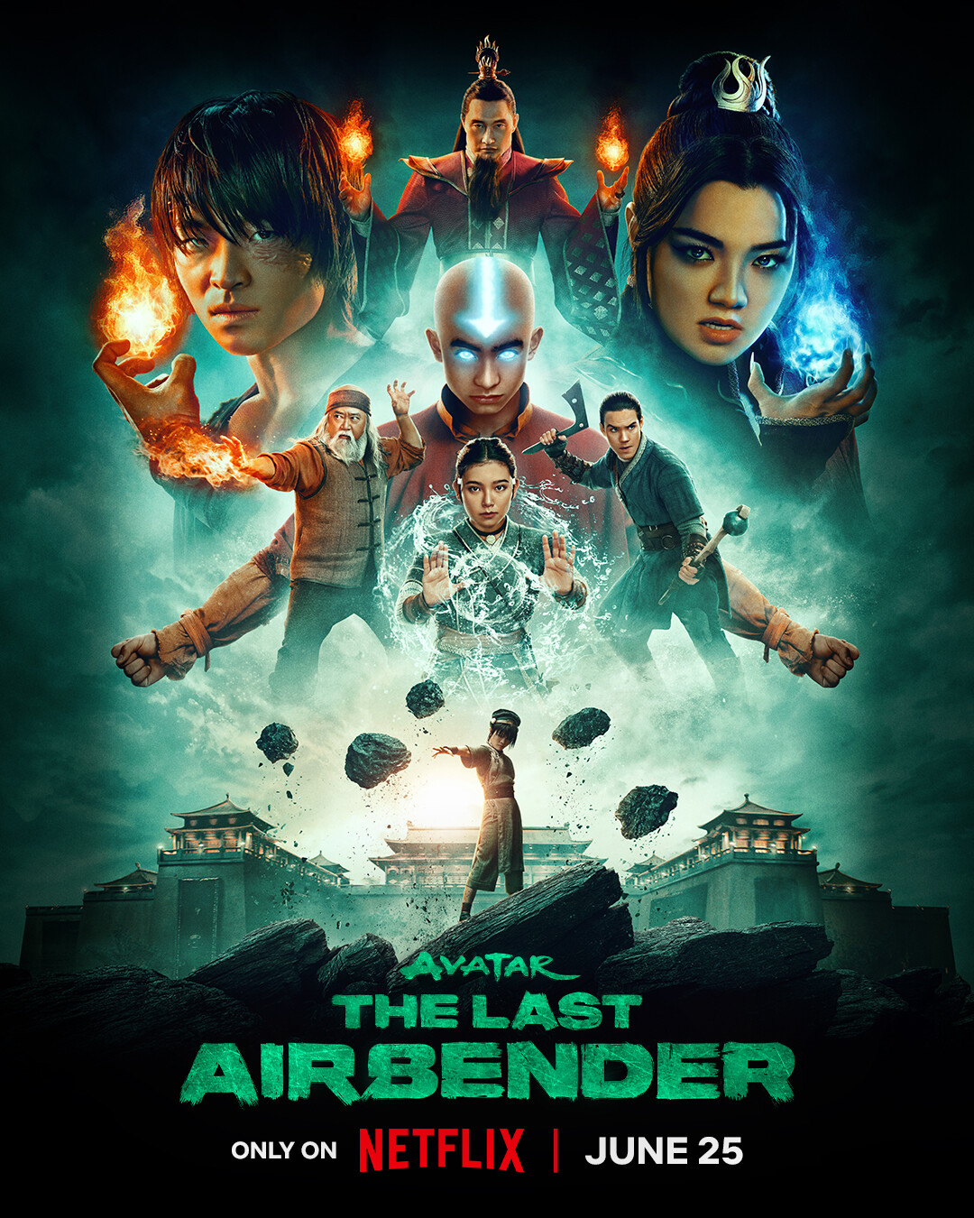 A group of characters with elemental powers in dramatic poses, surrounded by swirling energy and mystical effects, set against a foggy, mystical background, evoking an epic fantasy adventure atmosphere.