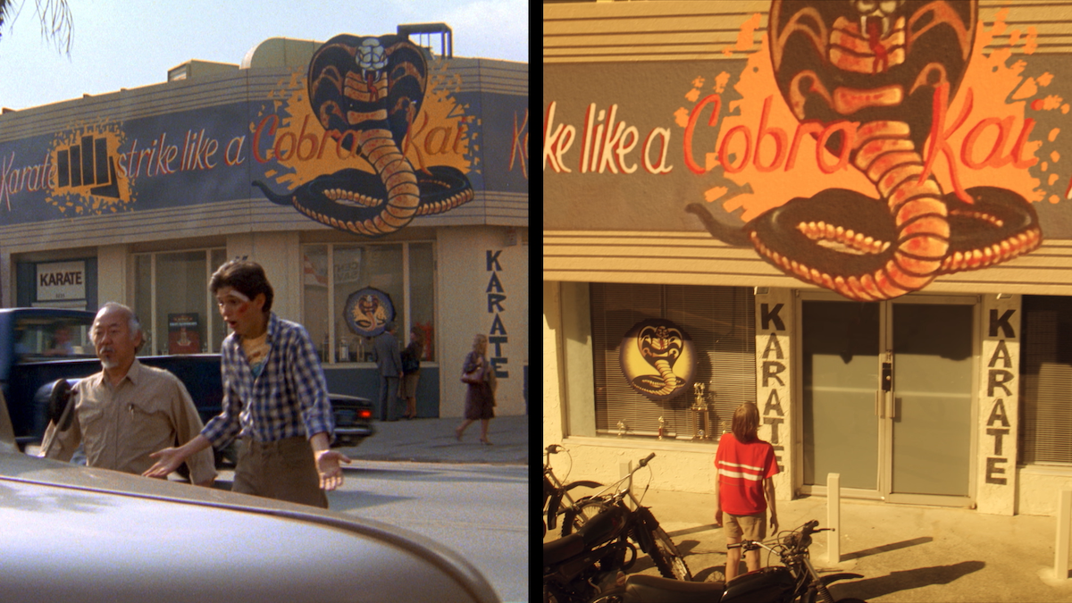 Flashback of Johnny as a child looking at the Cobra Kai sign on the building