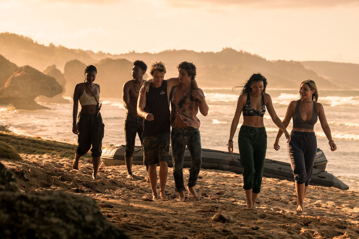 Carlacia Grant as Cleo, Jonathan Daviss as Pope, Rudy Pankow as JJ, Chase Stokes as John B, Madison Bailey as Kiara, Madelyn Cline as Sarah Cameron in Outer Banks.