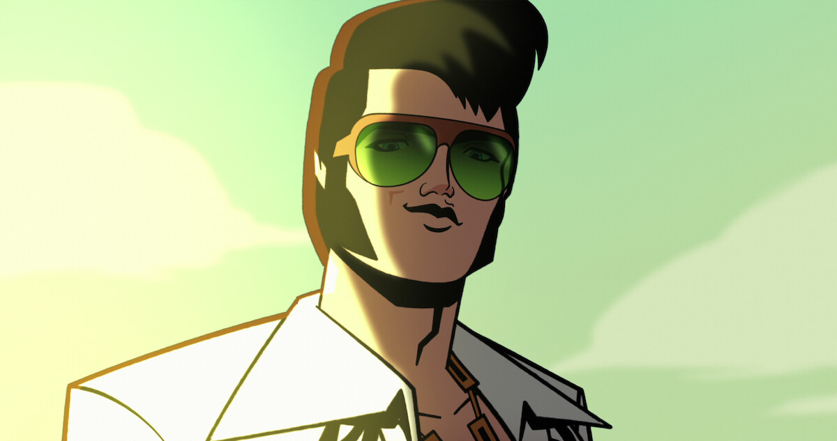 An animated rendition of Elvis Preseley, circa 1970, side lit