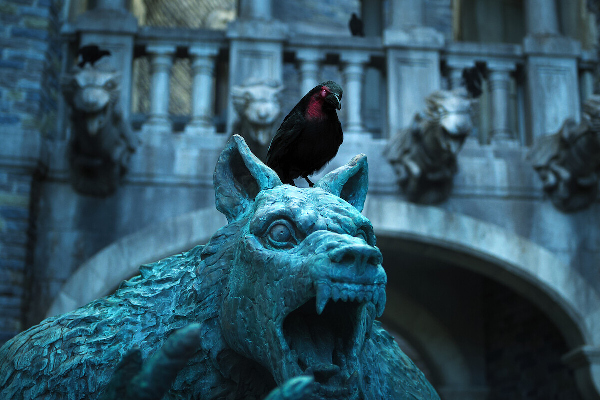 A crow sits on a wolf statue at Nevermore Academy in ‘Wednesday’ Season 2.
