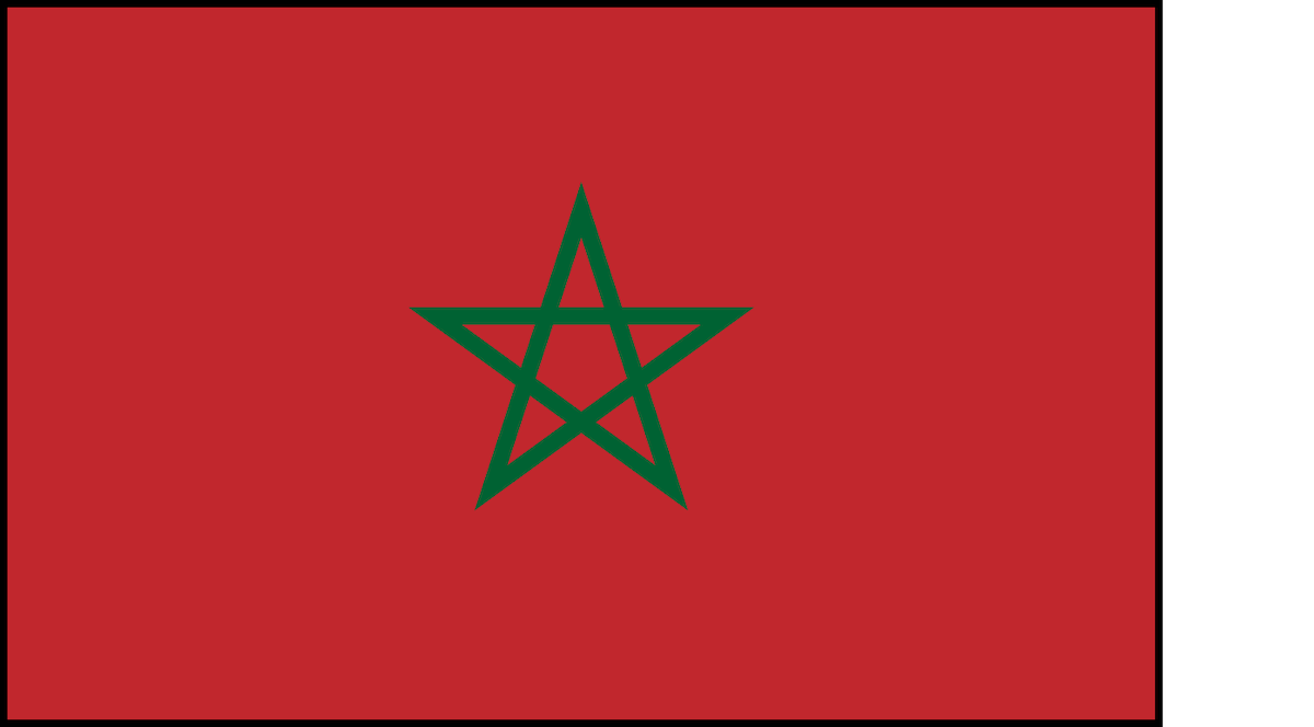 Flag of Morocco featuring a red background with a green five-pointed star outline (pentagram) at the center. Simple, bold design with no other symbols or details.