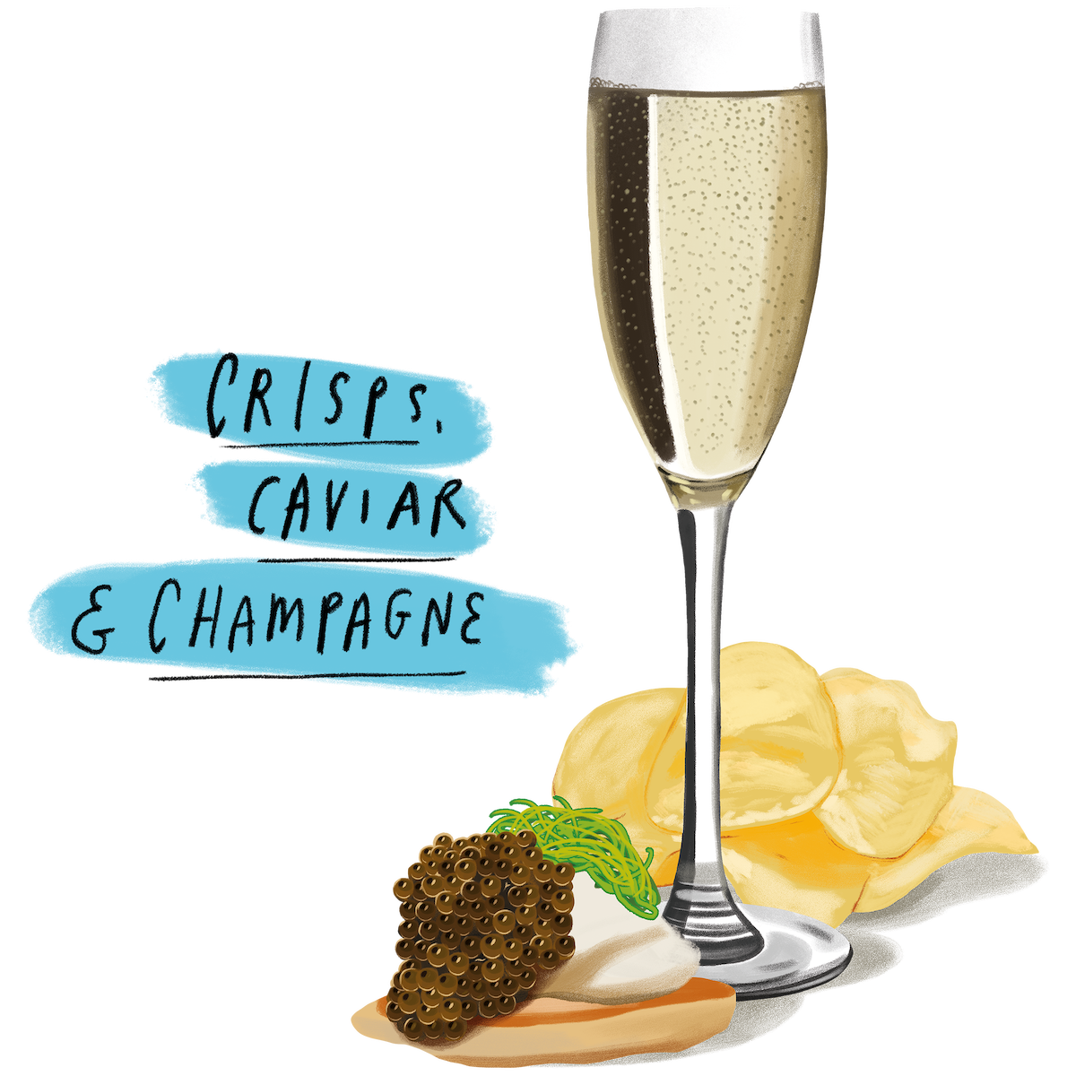 Illustration of crisps, caviar and champagne