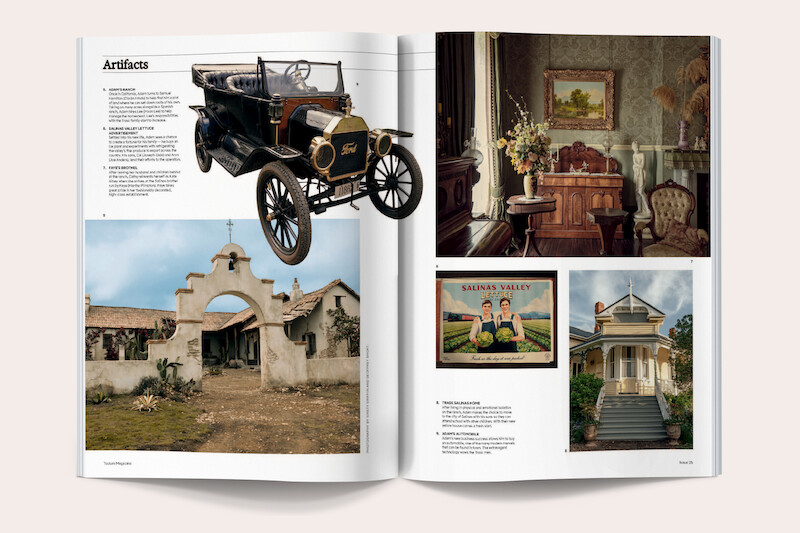 Magazine spread featuring a vintage Ford Model T car, a historic Spanish mission, a Victorian-style room with antique furniture, a Salinas Valley sign, and a classic house exterior.