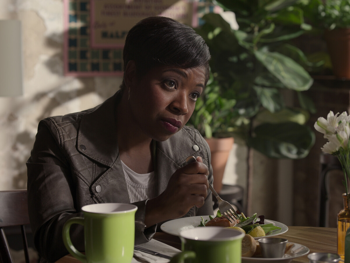 A close up of Tracey Bonner playing Simone Carr on 'Raising Dion'