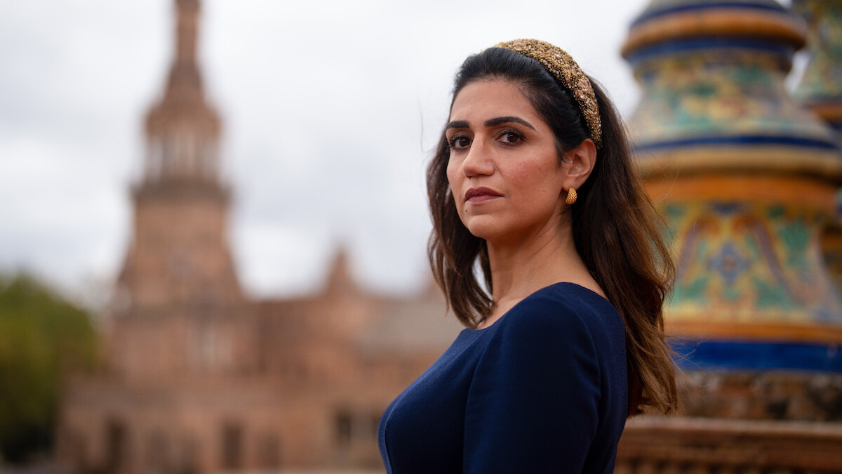Leila Farzad as Ari looks over her shoulder in Season 1 of ‘Kaos’