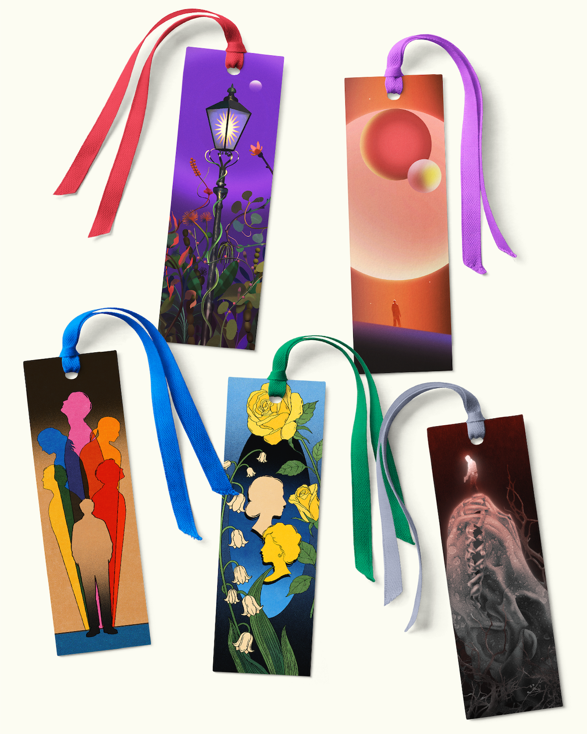 Five artistic bookmarks with ribbons showing various scenes: a streetlamp with plants, colorful silhouettes, yellow flowers against blue, a grayscale skeleton with a small man on top and an abstract landscape with planets and a small person.
